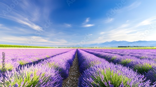 A vast lavender field stretching to the horizon under a cloudless blue sky, with rows of purple blooms creating a peaceful and harmonious landscape