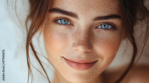 Soft closeup of a smiling woman with natural makeup, serene and gentle vibe