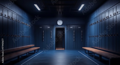 Photorealistic Dark Blue Locker Room with Wooden Benches and Clean Details - AI generated illustration