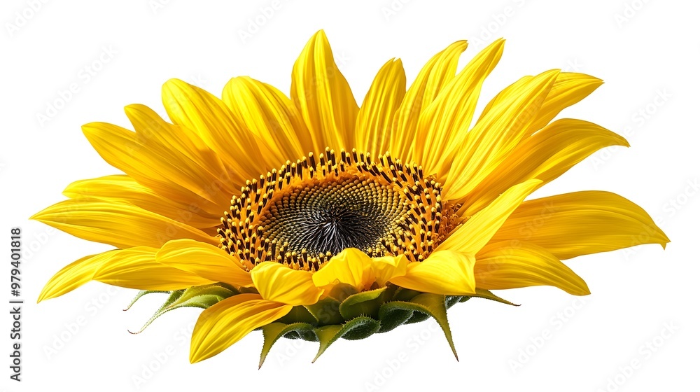 Naklejka premium A vibrant sunflower in full bloom, set against a pure white backgroundThe intricate details of the yellow petals and the textured dark center highlight its natural beauty