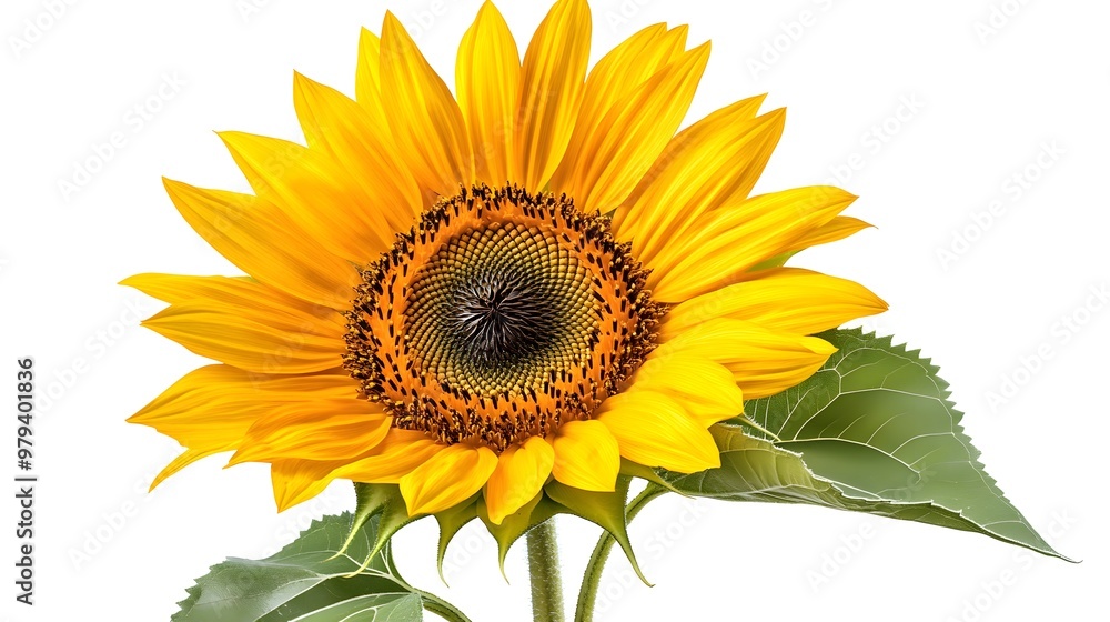 A vibrant sunflower in full bloom, set against a pure white backgroundThe intricate details of the yellow petals and the textured dark center highlight its natural beauty A vibrant sunflower in full bloom, set against a pure white backgroundThe intricate details of the yellow petals and the textured dark center highlight its natural beauty