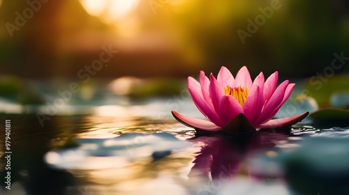 A vibrant pink lotus flower emerging from the misty surface of a tranquil pond, the reflection shimmering beneath the morning sun