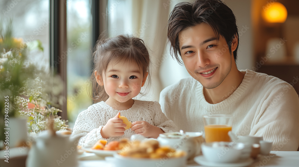 Happy asian family having breakfast together at home. Father and daughter having breakfast together. Happy asian family having breakfast together at home. Father and daughter having breakfast together.