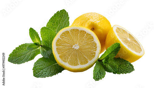 lemon slices and mint leaves. Generative AI.