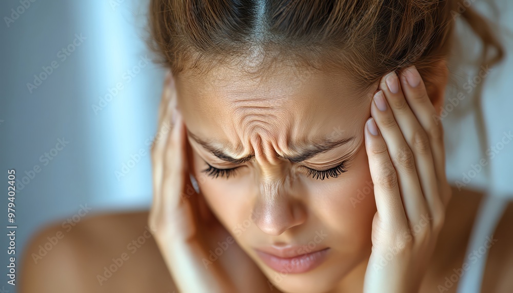 Naklejka premium Woman with a headache, hands on temples, pained expression, light background
