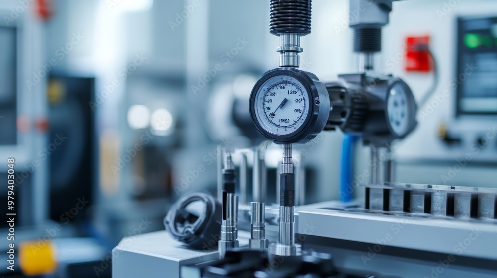 Close-up of testing equipment connected to a machine, monitoring performance and output, with a focus on precision. Close-up of testing equipment connected to a machine, monitoring performance and output, with a focus on precision.