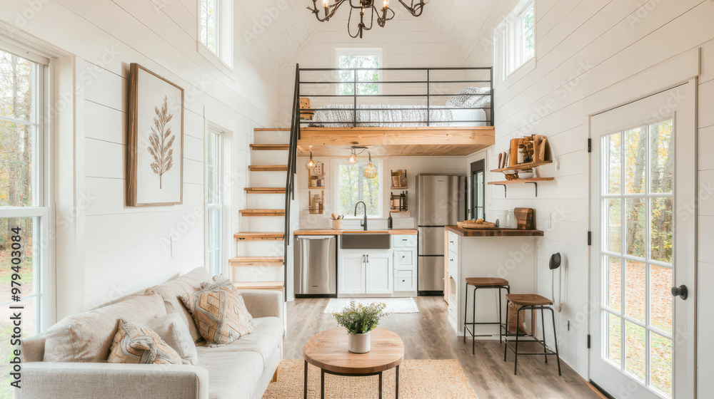 Fototapeta premium Cozy interior of a modern tiny house featuring a chic living space, kitchen area, and staircase, showcasing contemporary design.