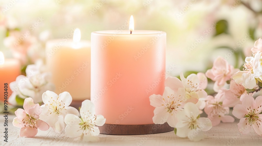 Scented Candles with Delicate Flowers in Soft Peach and Cream Tones - AI generated illustration Scented Candles with Delicate Flowers in Soft Peach and Cream Tones - AI generated illustration