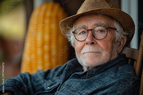 Senior Citizen Relaxing on a Rocking Chair on Porch Overlooking Blurred Cornfield photo