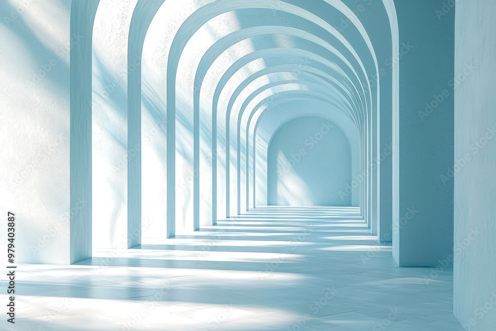 Pillared Perspective: Corridor 3D Background Soft Blue Hues, Shadows and Curves. Pillared Perspective: Corridor 3D Background Soft Blue Hues, Shadows and Curves.