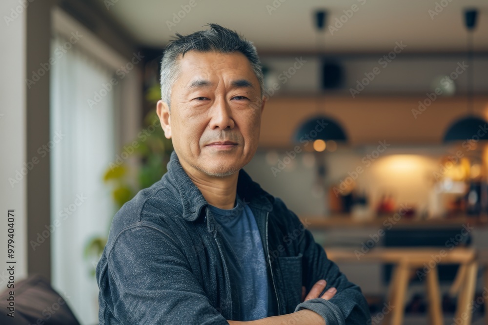 Portrait of a middle aged Asian man in modern home Portrait of a middle aged Asian man in modern home