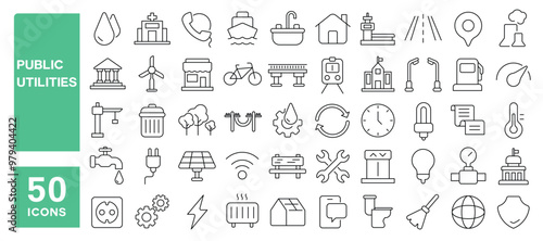 Set of 50 line icons related to public utilities, services, communal, housing, consumer, water, fuel, electricity, solar, maintenance, Editable stroke. Vector illustration