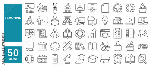 Set of 50 line icons related to teaching, teacher, professor, mentor, lesson, class, school, instruction, cap, university, education, study, Editable stroke. Vector illustration