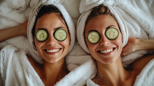 Two women enjoying spa treatment with facial masks and cucumber slices on their eyes