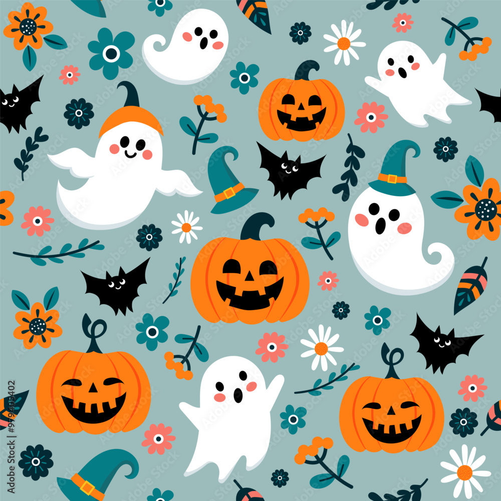 Happy Halloween party seamless pattern with cute ghosts, creepy pumpkin, bats, flowers and fancy hat. Happy Halloween party seamless pattern with cute ghosts, creepy pumpkin, bats, flowers and fancy hat.
