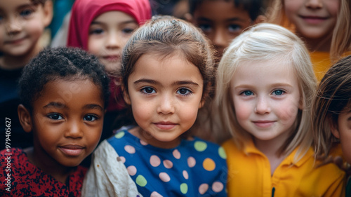 Diverse children smiling outdoors in the park, celebrating friendship on a sunny day