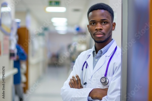 Portrait of a young African American male doctor in hospital