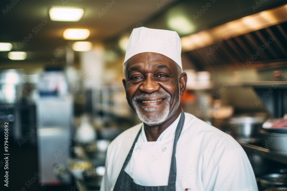 Smiling portrait of a senior male chef in professional kitchen Smiling portrait of a senior male chef in professional kitchen