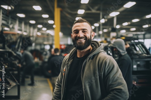 Smiling portrait of a man working in automotive factory