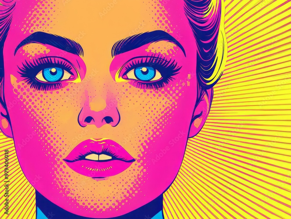 Vibrant pop art illustration featuring a close-up of a woman with striking blue eyes and bold colors. Vibrant pop art illustration featuring a close-up of a woman with striking blue eyes and bold colors.