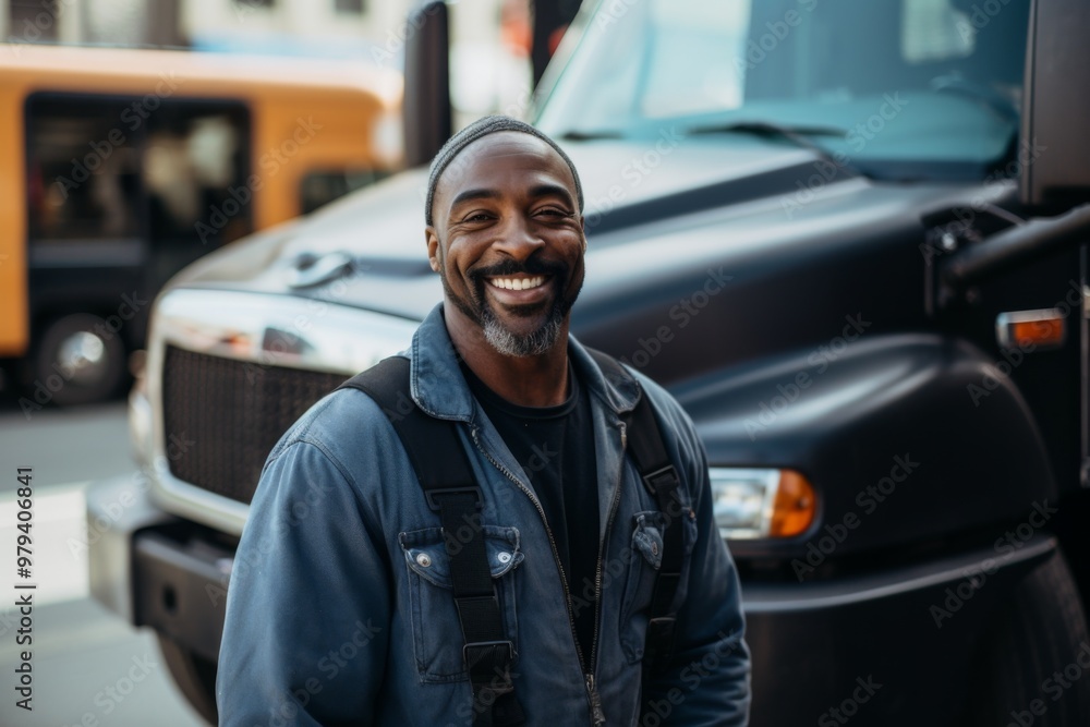 Smiling portrait of a middle aged male truck driver Smiling portrait of a middle aged male truck driver