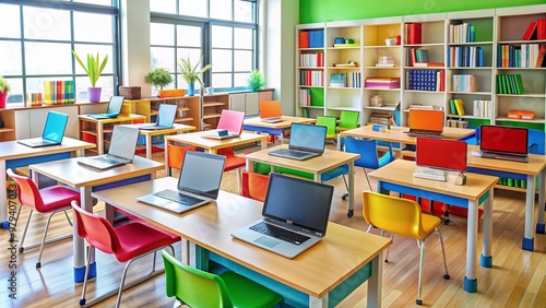 A colorful and organized classroom with books, laptops, and stationery, symbolizing a collaborative and technology-driven learning environment for students of all ages.