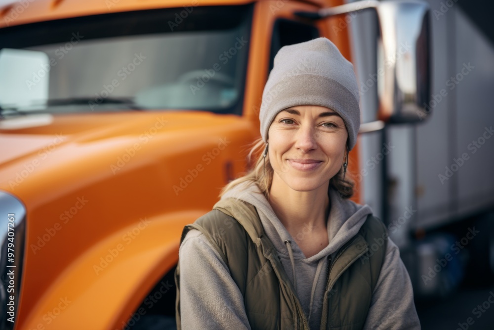 Smiling portrait of a middle aged Caucasian female truck driver Smiling portrait of a middle aged Caucasian female truck driver