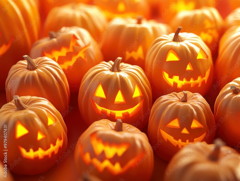 Glowing Halloween Jack-O'-Lantern Display at Night Glowing Halloween Jack-O'-Lantern Display at Night