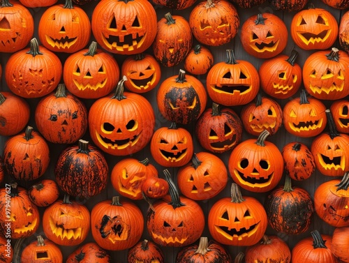 Array of Carved Halloween Pumpkins