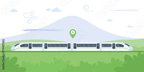 High-speed train speeds through a scenic landscape, passing a majestic mountain range. The train's sleek design and electric charge symbol represent modern technology and sustainability.