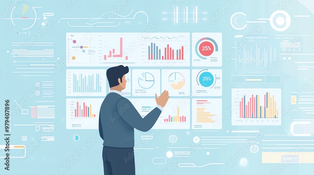 A business professional analyzing data on digital screens, showcasing graphs and charts for strategic decision-making. A business professional analyzing data on digital screens, showcasing graphs and charts for strategic decision-making.