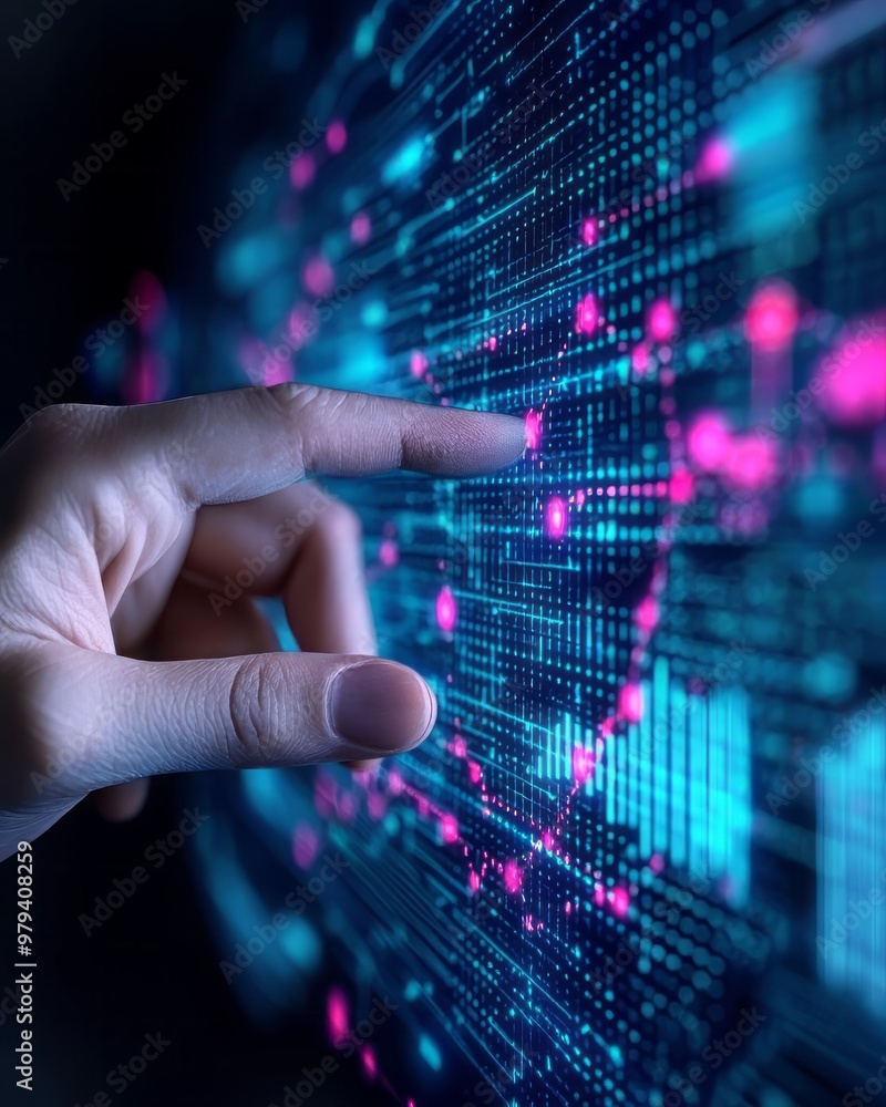 A hand interacting with a futuristic data visualization, representing technology, innovation, and digital connection. A hand interacting with a futuristic data visualization, representing technology, innovation, and digital connection.