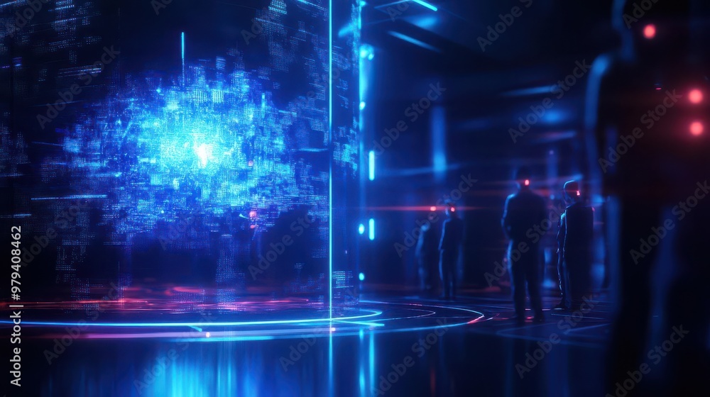 A group of employees working in a futuristic room where each thought they have materializes as a hologram They combine these holograms to create a larger A group of employees working in a futuristic room where each thought they have materializes as a hologram They combine these holograms to create a larger