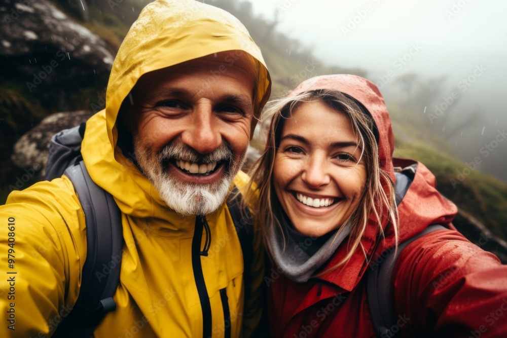 Smiling portrait of senior hikers taking selfie while hiking in mountains Smiling portrait of senior hikers taking selfie while hiking in mountains