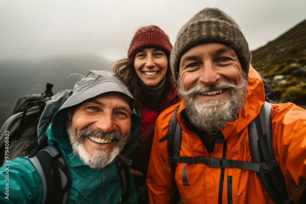Smiling portrait of senior hikers taking selfie while hiking in mountains