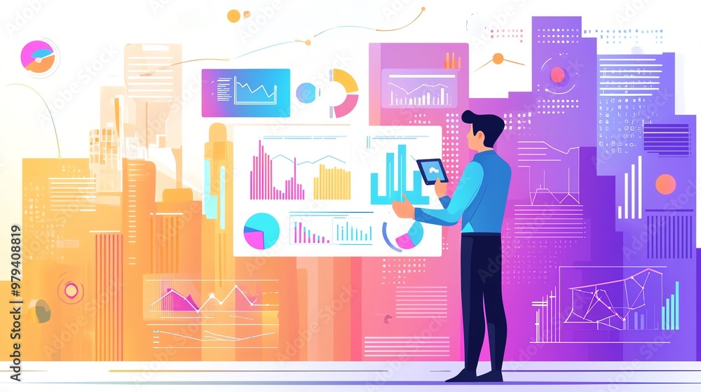 Obraz premium A professional analyzing data on a digital tablet against a colorful cityscape filled with graphs and charts.