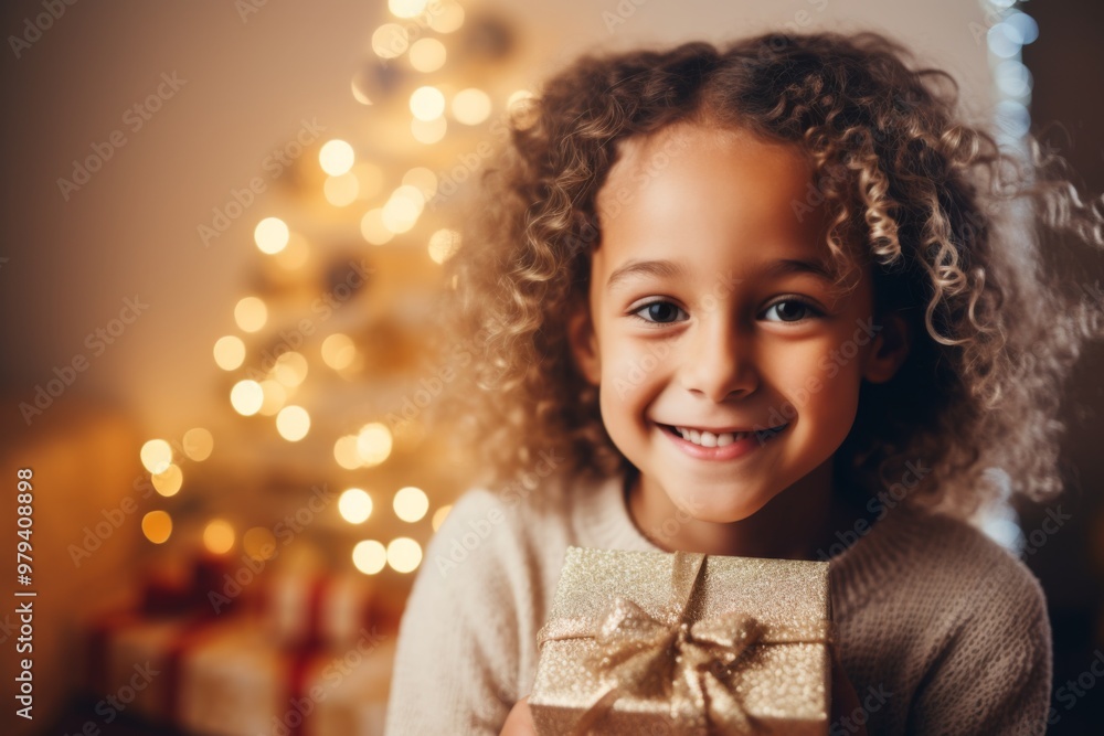 Portrait of a smiling young girl holding Christmas present at home Portrait of a smiling young girl holding Christmas present at home