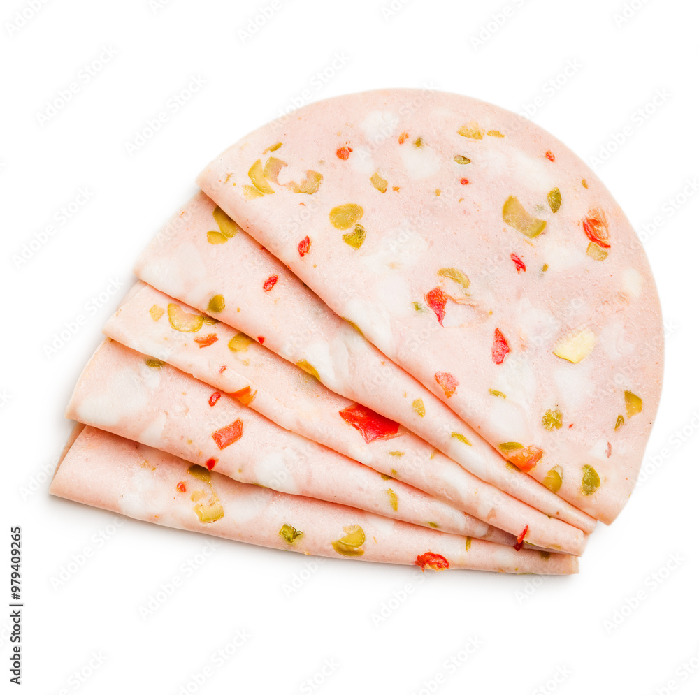 Slices of Sausage Mortadella isolated on white background. Slices of Sausage Mortadella isolated on white background.