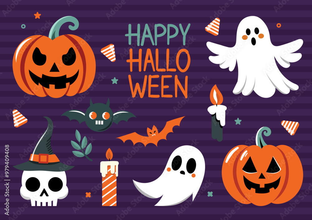 Set of decorative elements for Halloween. Cute ghosts, scary pumpkins, bats, flowers, skulls, inscriptions. For invitations, posters, cards, social media, banners. Set of decorative elements for Halloween. Cute ghosts, scary pumpkins, bats, flowers, skulls, inscriptions. For invitations, posters, cards, social media, banners.
