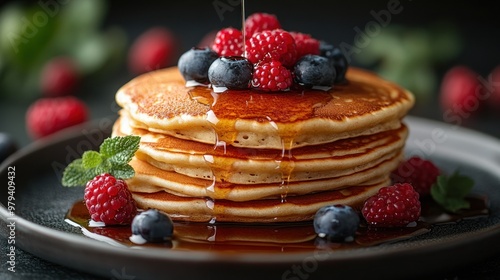 Delicious Pancakes with Berries and Syrup