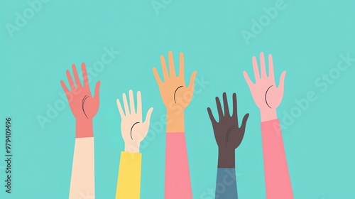 Diverse hands raised in unity and support, symbolizing collaboration, inclusion, and community engagement.