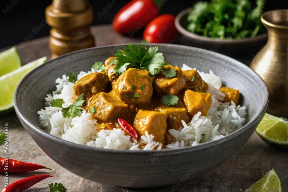 A bowl of spicy curry with jasmine rice A bowl of spicy curry with jasmine rice