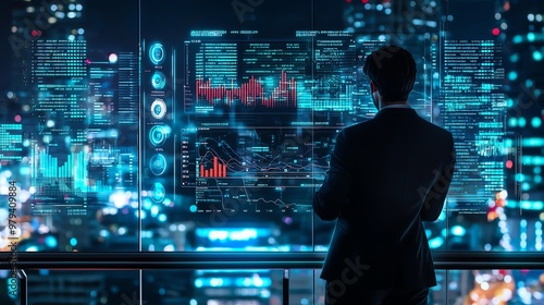 A businessman analyzes data on a futuristic screen overlooking a city skyline at night, showcasing technology and innovation.