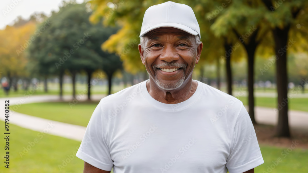 Senior black man wearing white t-shirt and white baseball cap standing in the park Senior black man wearing white t-shirt and white baseball cap standing in the park