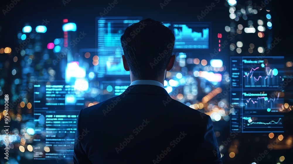 A businessman analyzing data on digital screens in a modern city at night, showcasing the fusion of technology and industry. A businessman analyzing data on digital screens in a modern city at night, showcasing the fusion of technology and industry.