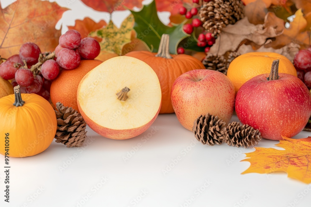 An assortment of autumn fruits and pumpkins with pine cones and colorful leaves, capturing the essence of the fall harvest. An assortment of autumn fruits and pumpkins with pine cones and colorful leaves, capturing the essence of the fall harvest.