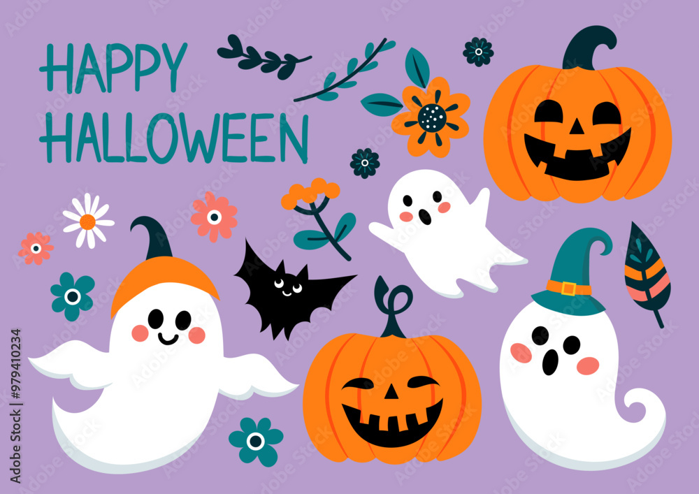 Set of decorative elements for Halloween. Cute ghosts, scary pumpkins, bats, flowers, skulls, inscriptions. For invitations, posters, cards, social media, banners. Set of decorative elements for Halloween. Cute ghosts, scary pumpkins, bats, flowers, skulls, inscriptions. For invitations, posters, cards, social media, banners.