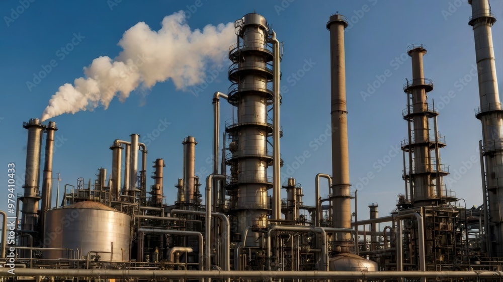 An oil refinery with towering metal structures An oil refinery with towering metal structures