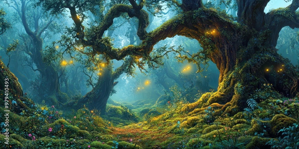 Enchanted forest with glowing lights, lush greenery, and mystical atmosphere. Enchanted forest with glowing lights, lush greenery, and mystical atmosphere.