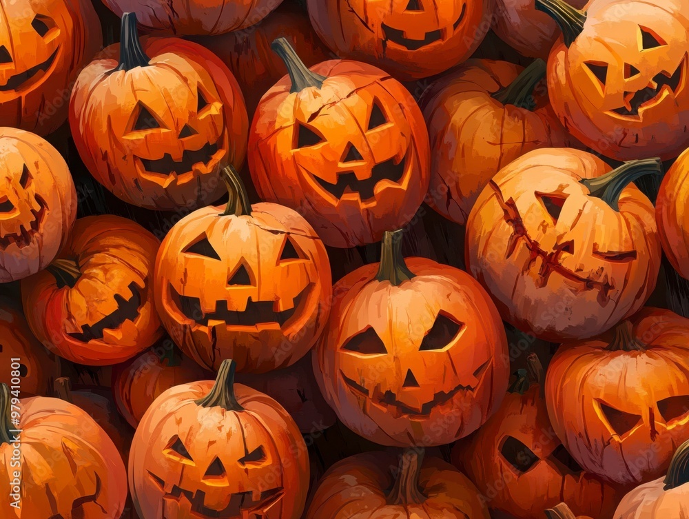 Array of Carved Halloween Pumpkins Array of Carved Halloween Pumpkins